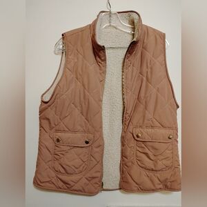 Quilted Tan Pink Vest with Pockets ZipUp Cream Sweatshirt Lining M